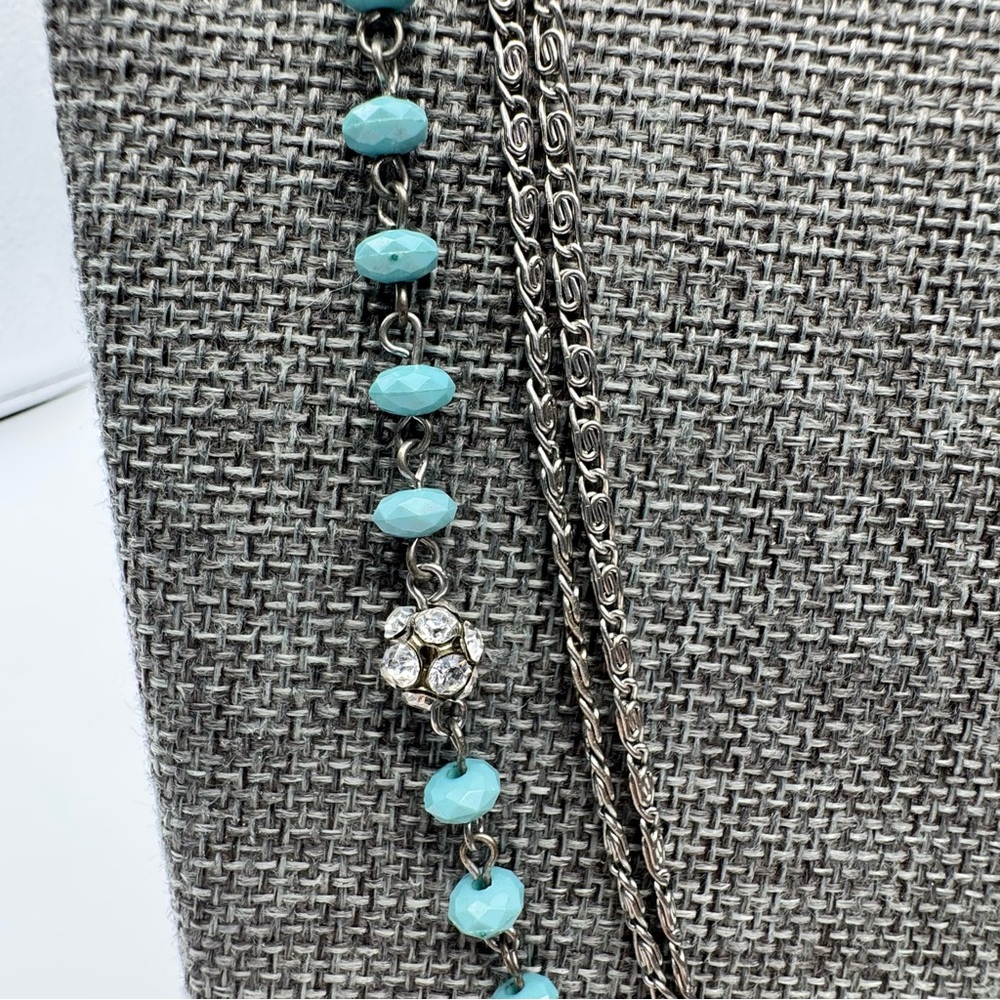 Turquoise Multi-strand Boho Necklace Silver Toned Chains 28” - Picture 5 of 11